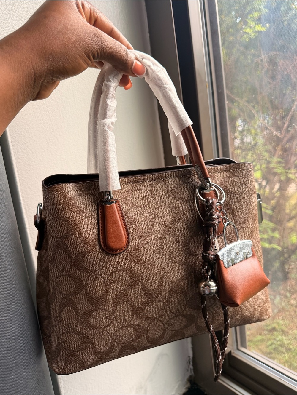 Brown Signature Satchel with Tan Leather Trim